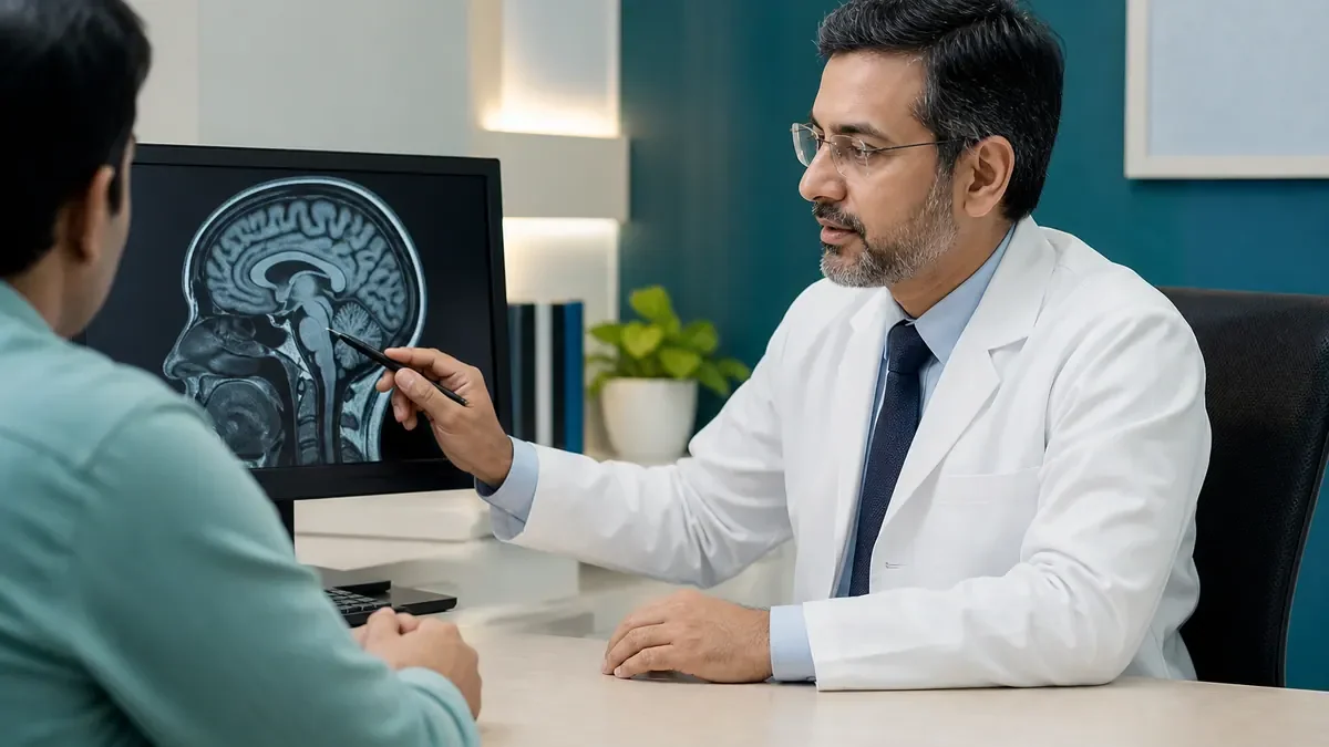 Neurologist explaining a brain MRI scan during a general neurology consultation at ZOI Hospital, Attapur and Kondapur, Hyderabad