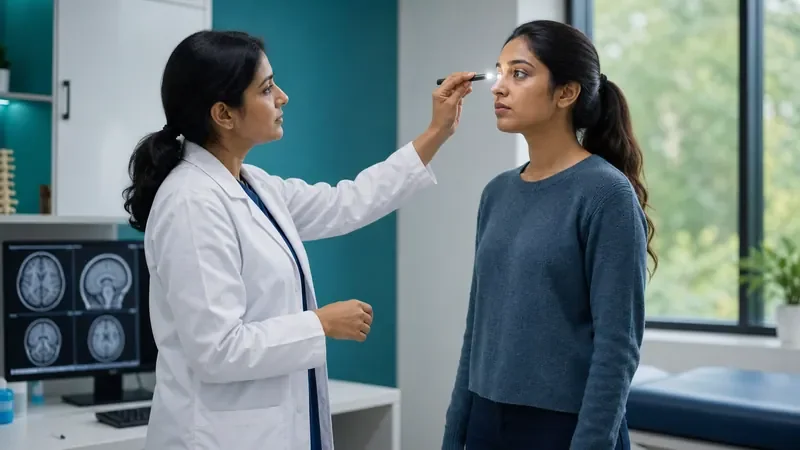 Neurologist examining a patient's eyes during a comprehensive neurological assessment in Attapur and Kondapur, Hyderabad