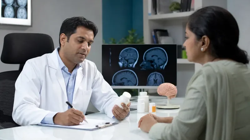 Neurologist reviewing brain MRI scans and medication for neurological disorder management in Attapur and Kondapur, Hyderabad